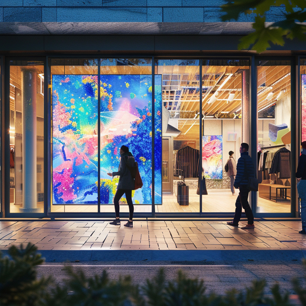 Écran vitrine pour commerce, vue d'installation