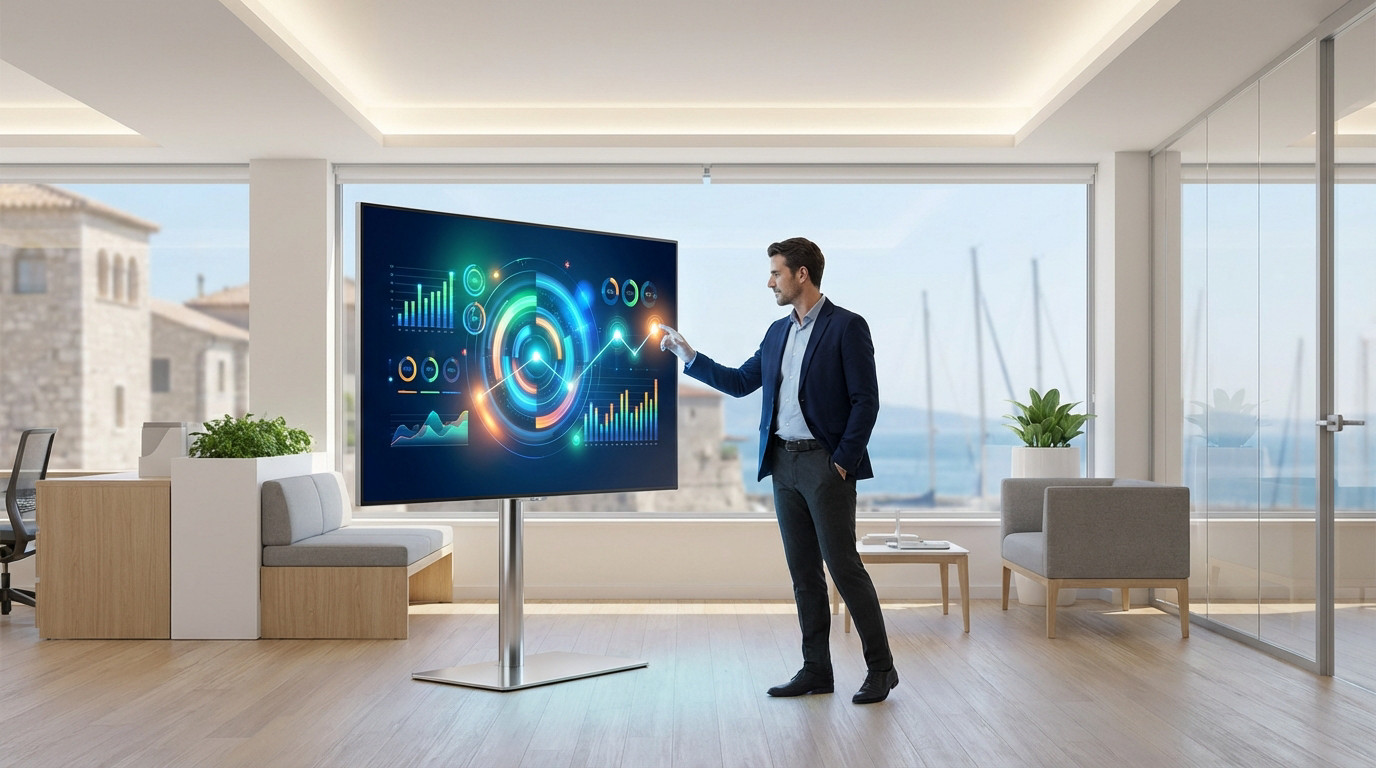 Business professional interacting with a sleek digital display showing vibrant data visualizations in a contemporary office overlooking a harbor.