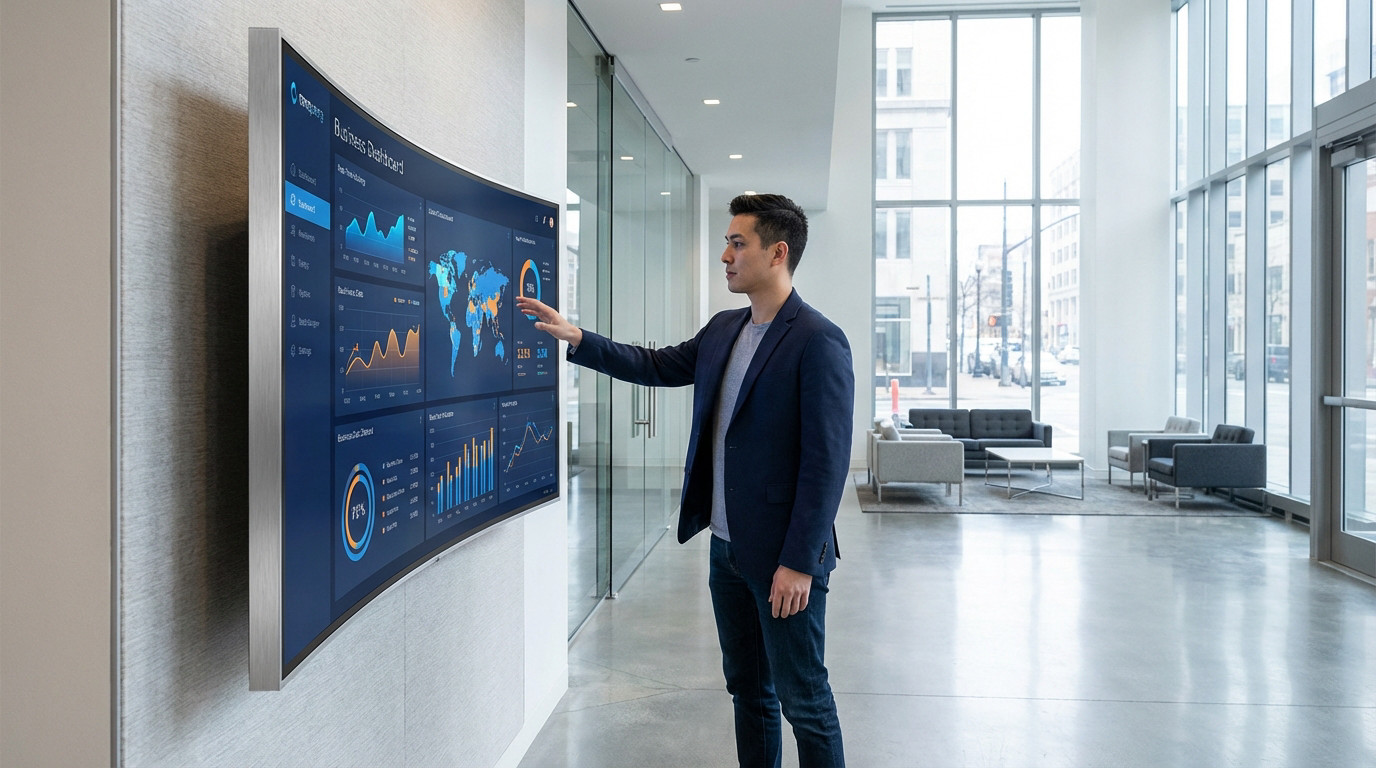 A man in a blazer points at a large, curved digital display showing a business dashboard in a modern, bright corporate lobby.