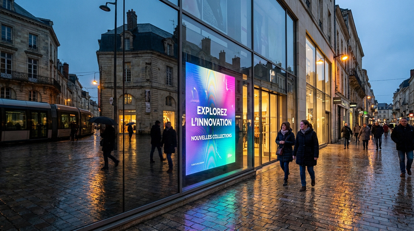 A vibrant digital display in a shop window on a wet European street at dusk. Pedestrians walk by, city lights reflect on the glass.