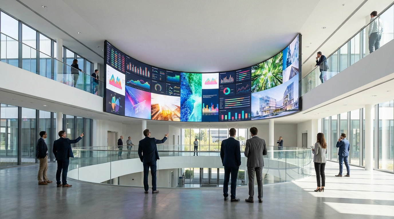 Immersive curved LED wall displaying vibrant data and imagery in a bright, modern Poitiers commercial space with professionals.