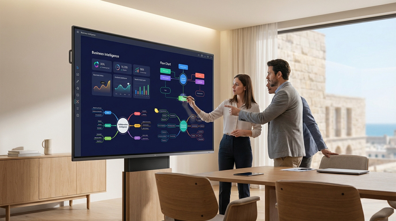 Three professionals collaborate on a large interactive screen displaying business data in a modern meeting room with a city view.