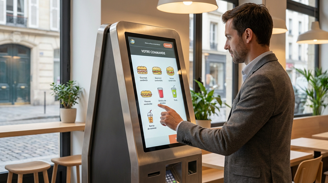 Un homme passe commande sur une borne tactile lumineuse affichant des options de repas, dans un restaurant moderne avec vue sur la rue.