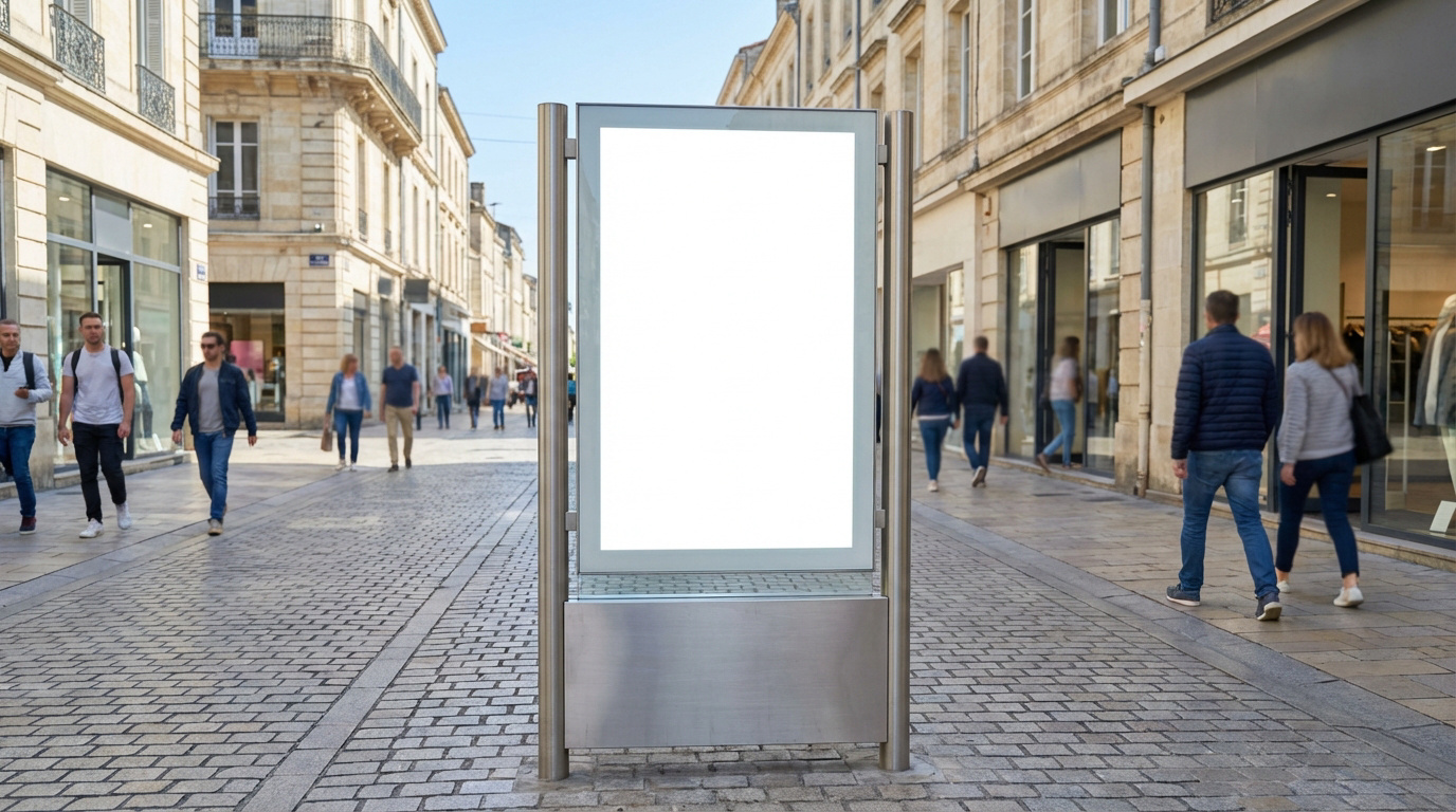Un stop trottoir digital vide au cœur d'une rue commerçante animée, entouré d'architecture classique et de passants.