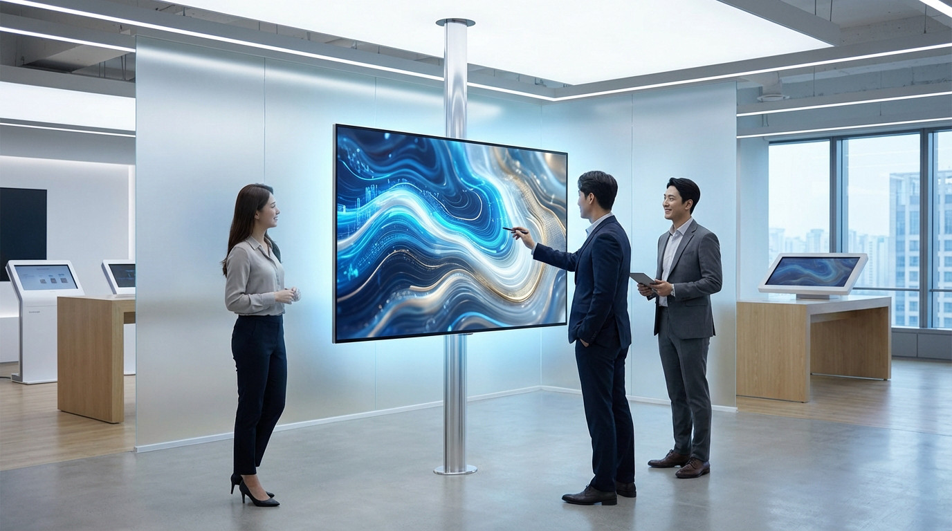 Three professionals engaging with a large, vibrant digital display showing abstract blue waves in a modern, bright tech showroom.