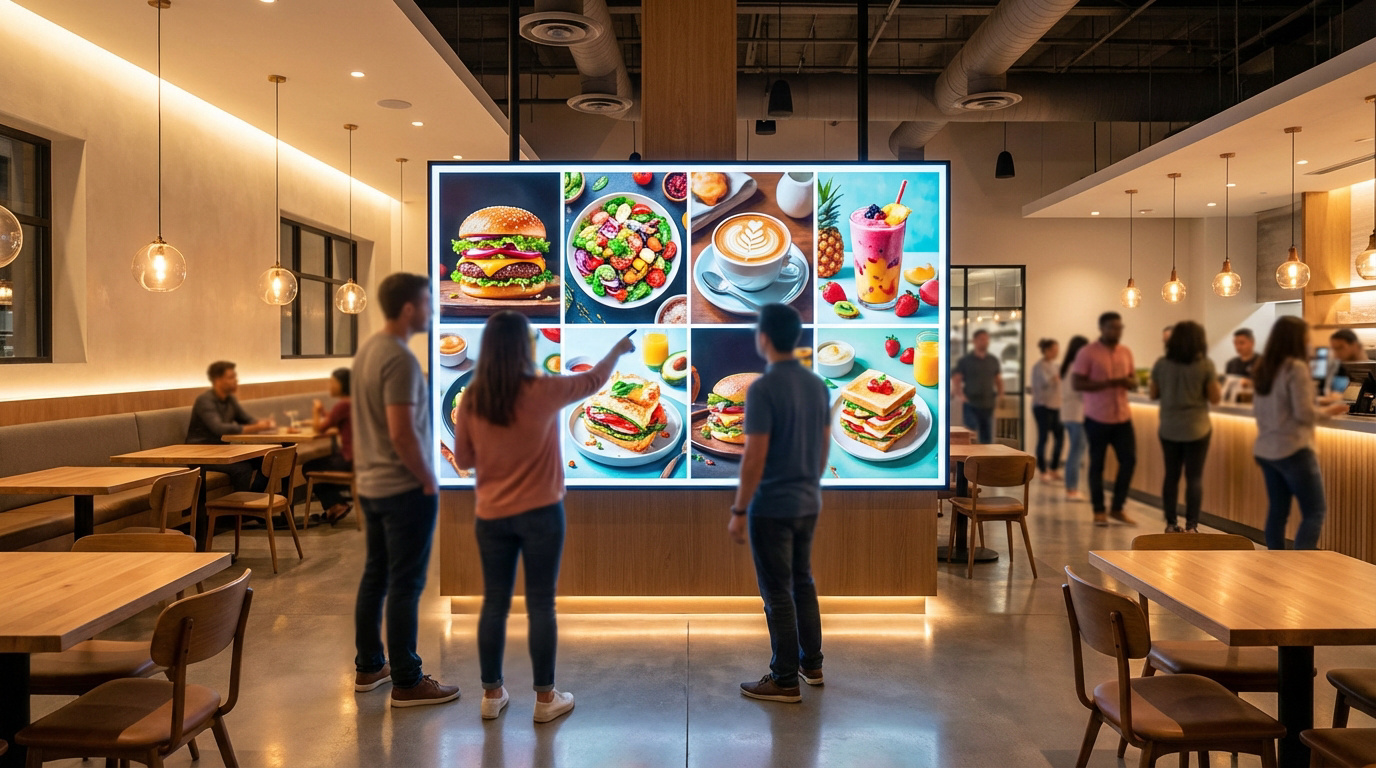 Deux clients devant un grand écran de menu digital affichant des plats variés (burger, salade, café) dans un restaurant moderne et lumineux.