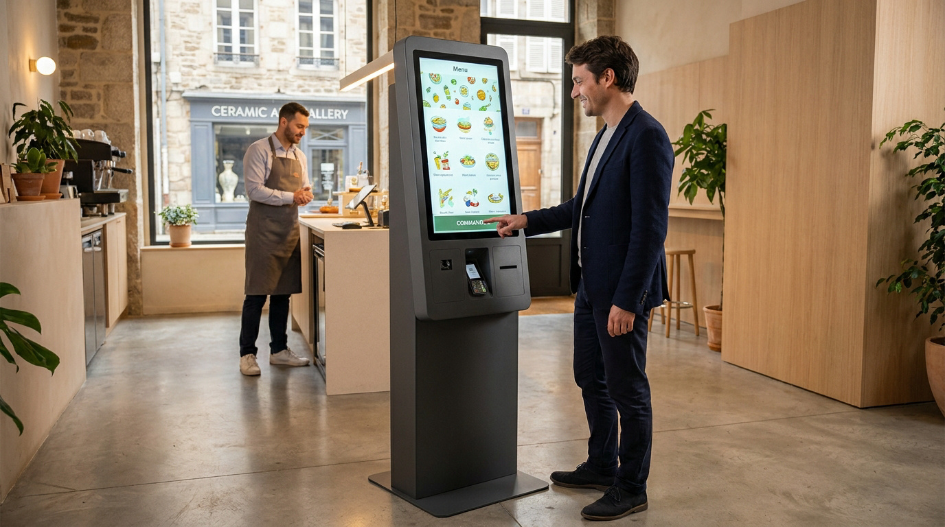 Client souriant commande sur une borne tactile affichant un menu, dans un restaurant moderne. Un serveur prépare en arrière-plan.