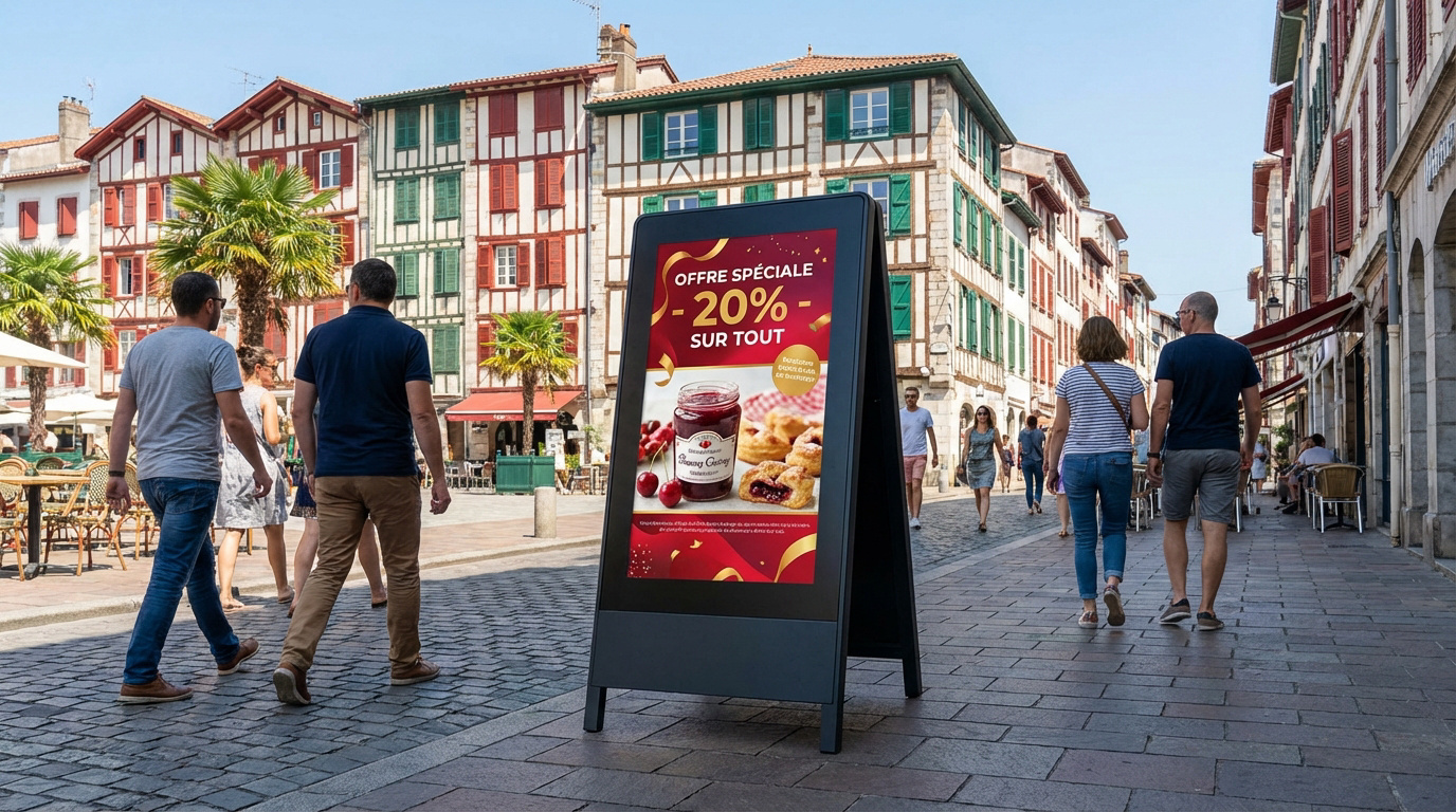 Stop trottoir numérique noir affiche promotionnelle dans une rue animée de Bayonne, avec des passants et bâtiments basques colorés.