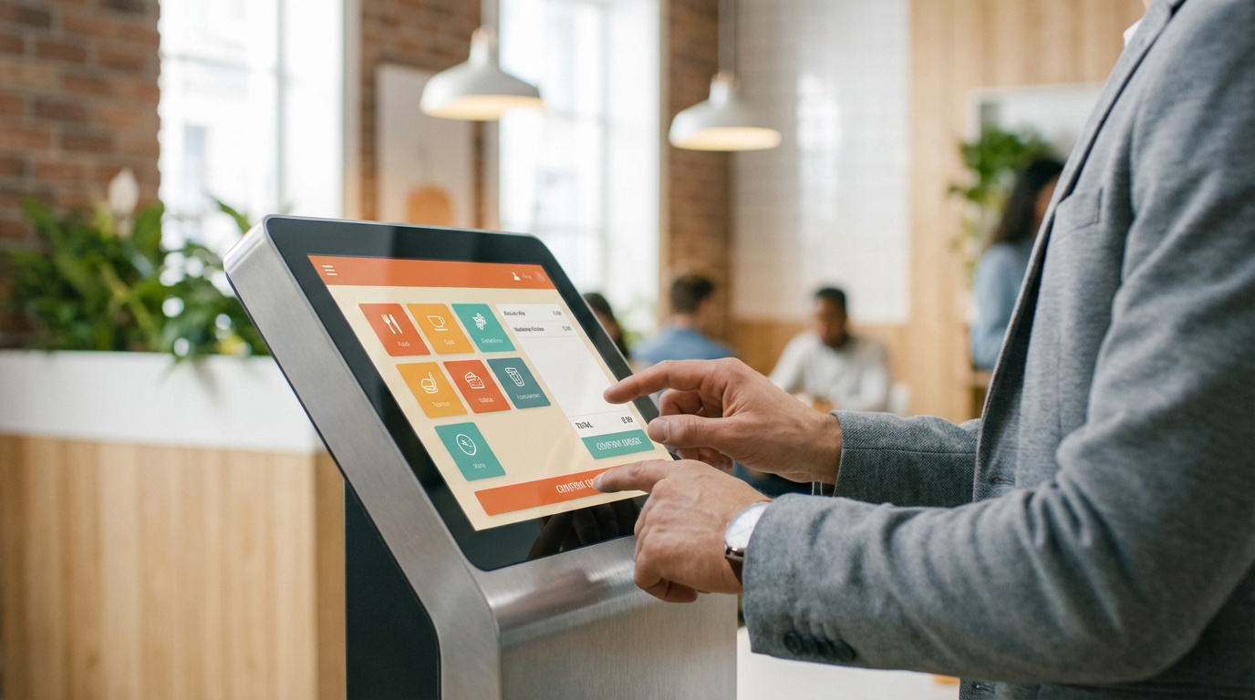 Mains d'une personne utilisant une borne de commande tactile dans un cadre moderne pour sélectionner des articles et confirmer une commande.