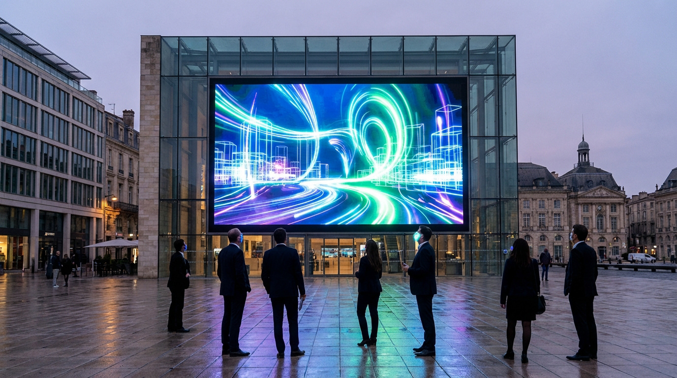 Grand écran LED extérieur à Bordeaux affichant des graphiques urbains abstraits et lumineux. Des passants l'observent.