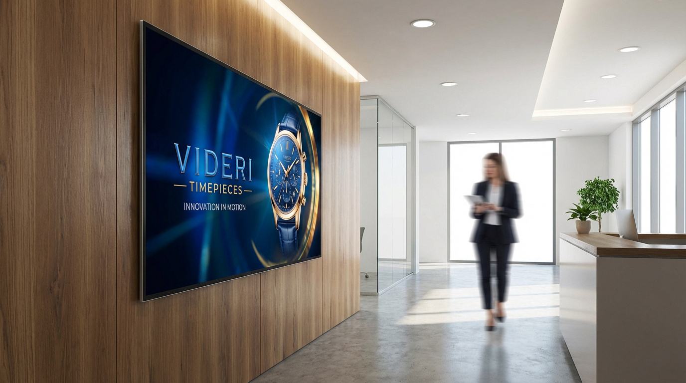 Grand écran digital Videri sur mur en bois diffusant une publicité de montre, dans un hall d'accueil moderne avec personne.
