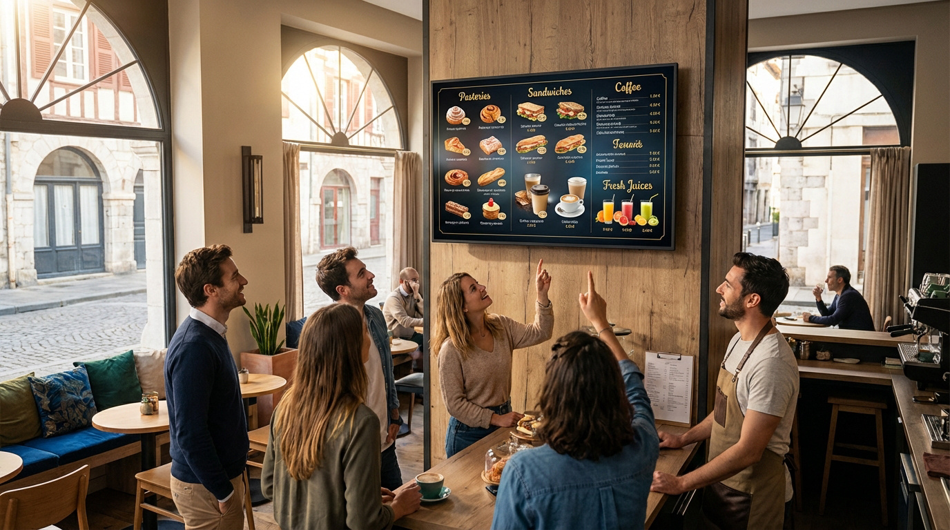Clients et un barista dans un café moderne interagissent avec un grand écran de menu digital présentant pâtisseries, sandwichs et boissons.
