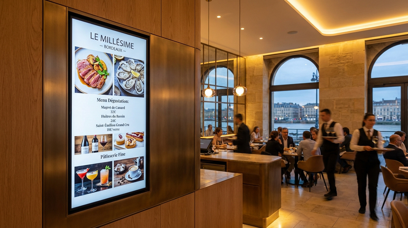 Un écran de menu digital lumineux affiche plats et boissons dans un restaurant chic de Bordeaux avec vue sur la Garonne.