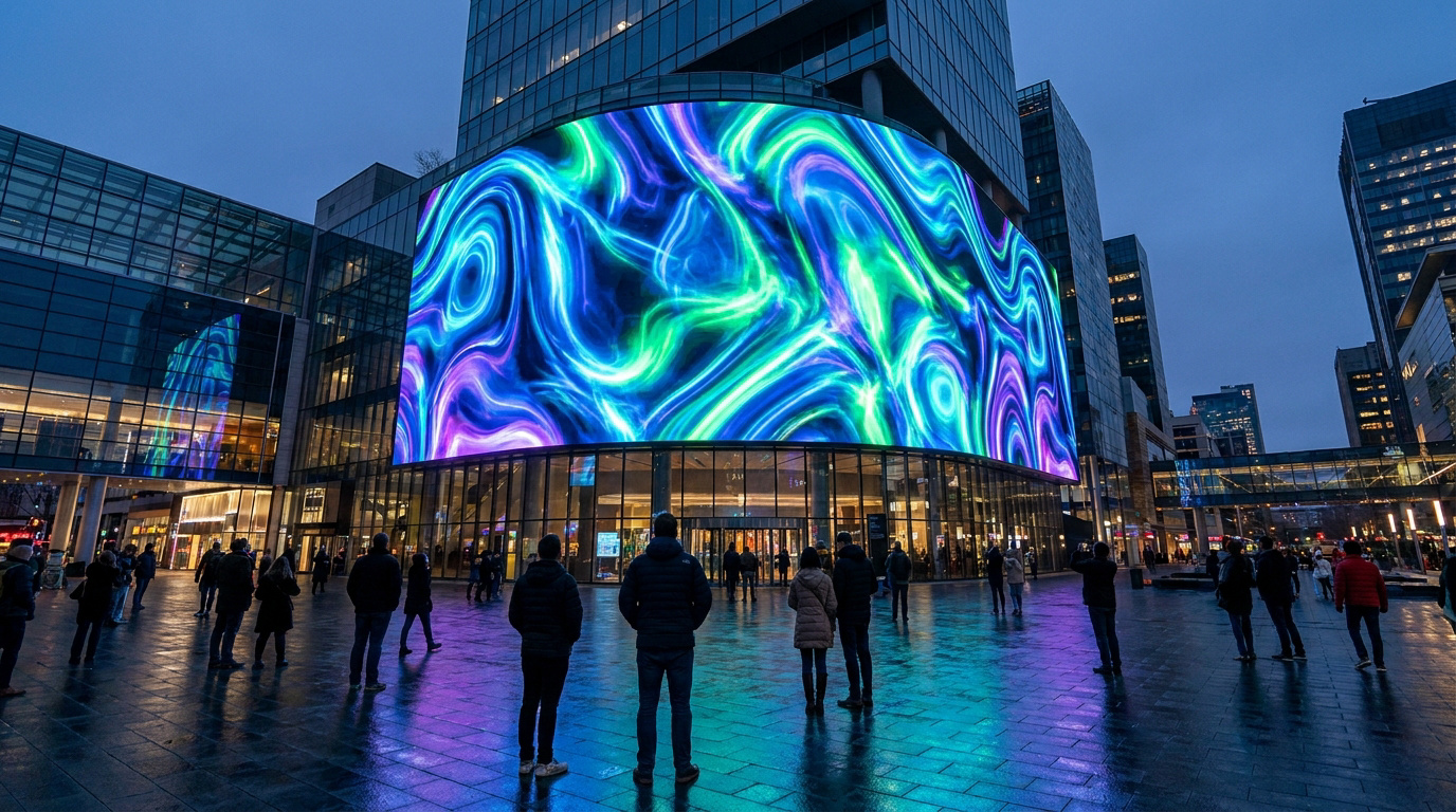 Grand mur LED incurvé affichant des motifs abstraits et lumineux bleus/verts en ville la nuit, avec reflets sur le sol humide et passants.