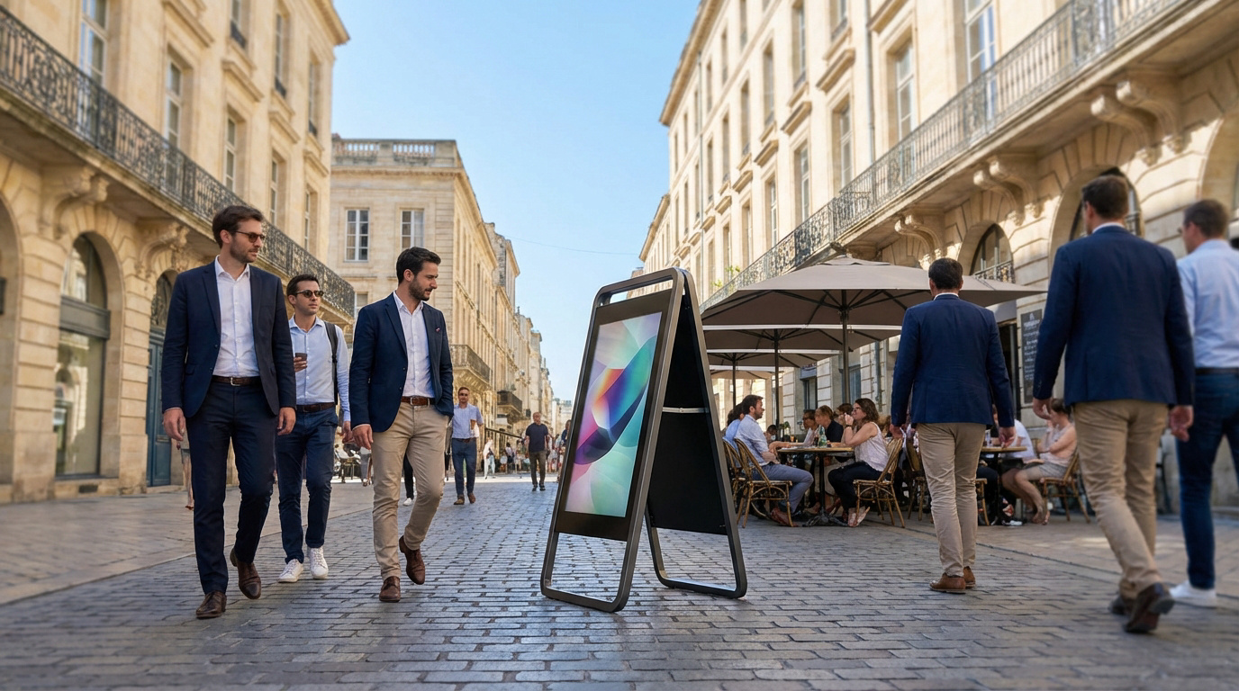 Un stop trottoir numérique moderne affiche une image colorée sur une rue pavée animée de Bordeaux, avec des passants et une terrasse de café.