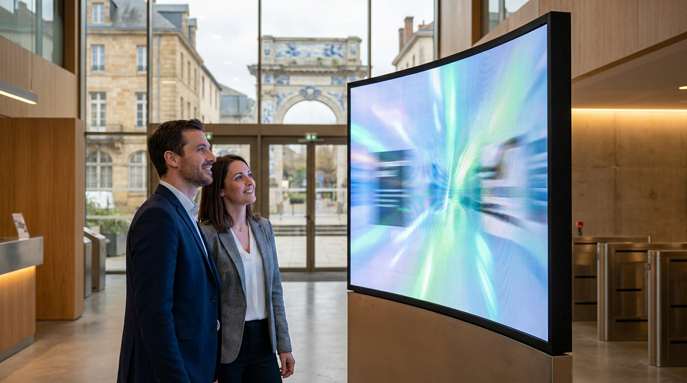 Deux professionnels regardent un grand écran LED incurvé diffusant des graphiques lumineux dans un hall moderne avec vue sur la ville.