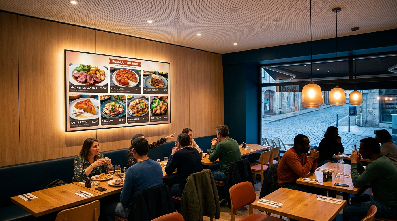 Grand écran digital lumineux dans un restaurant moderne, affichant des plats avec prix, entouré de clients attablés.