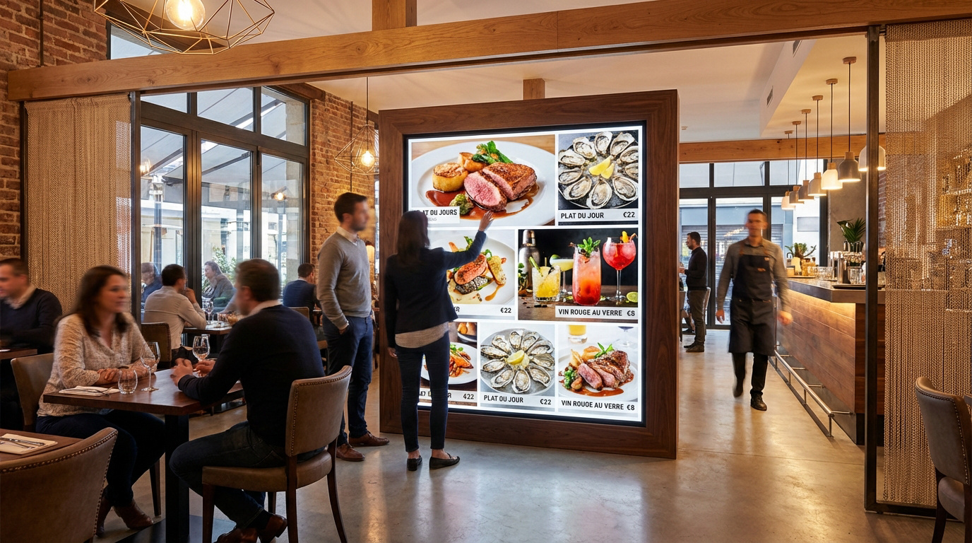 Un couple devant un grand menu digital interactif affichant des plats appétissants et des boissons, dans un restaurant animé au design contemporain.