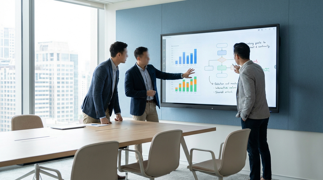 Trois hommes d'affaires présentent des données sur un écran interactif dans une salle de réunion moderne avec vue sur la ville.