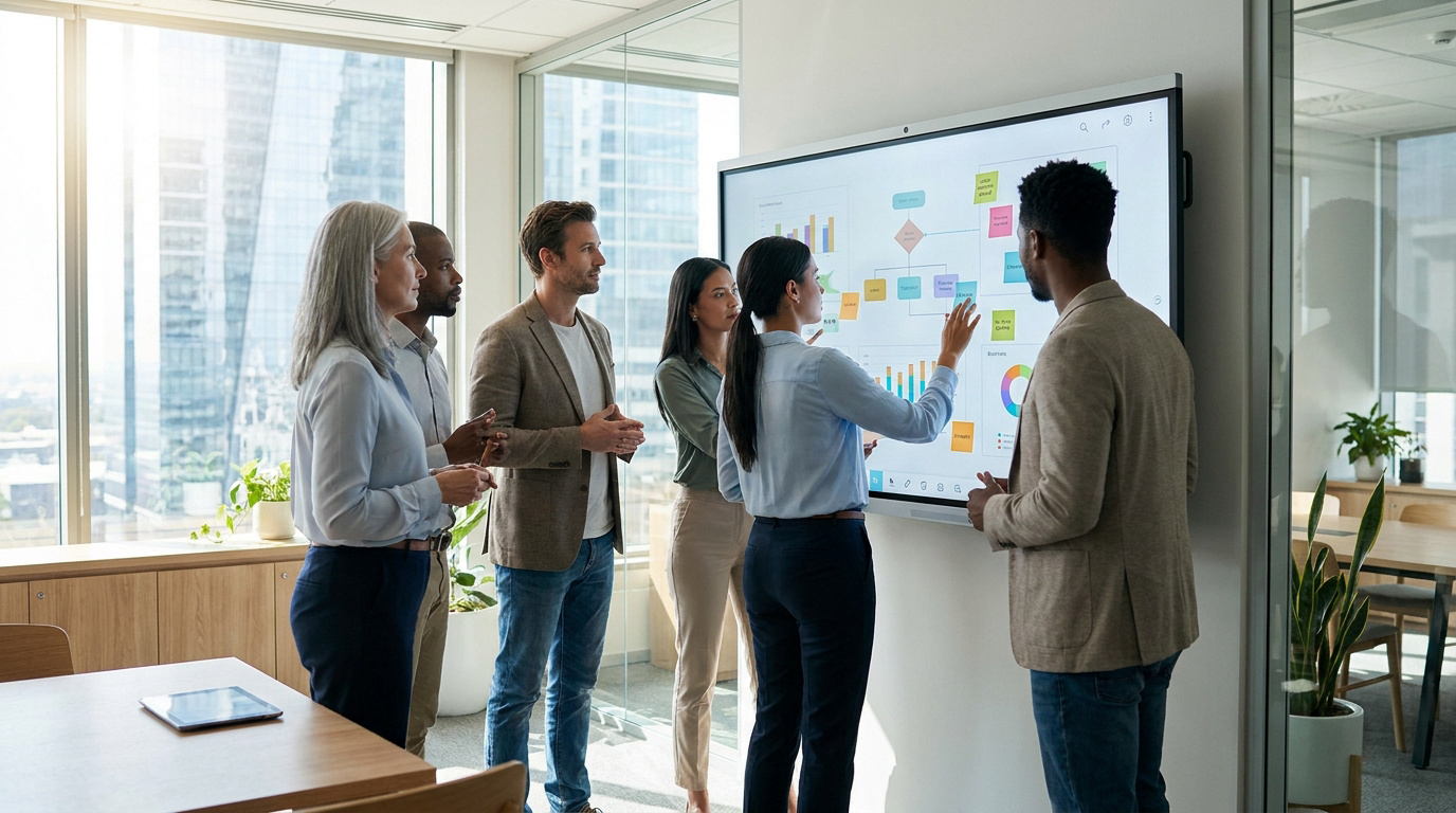 Groupe diversifié de six professionnels en réunion dans un bureau moderne, interagissant avec un grand écran tactile affichant des graphiques.