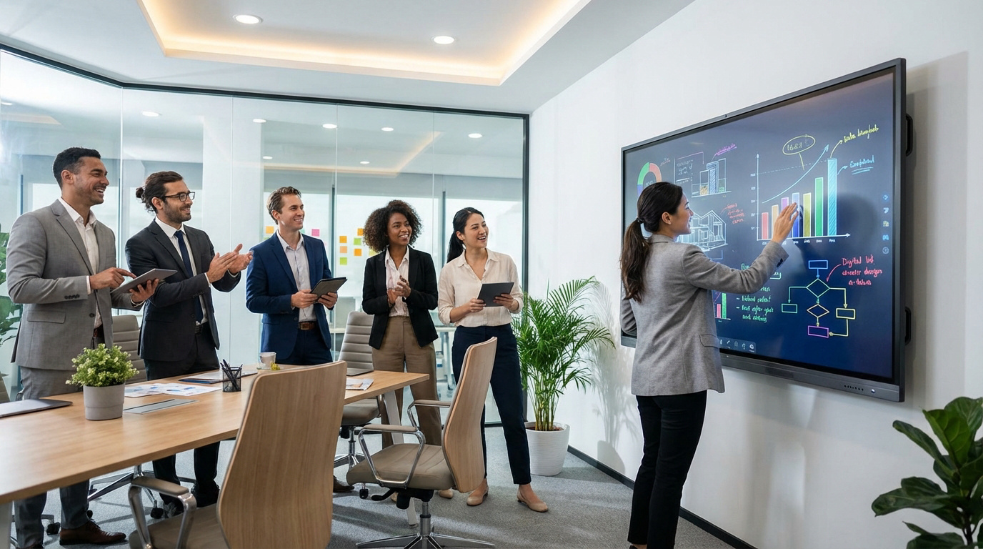 Une femme présente sur un écran interactif devant une équipe diverse et souriante dans un bureau moderne.