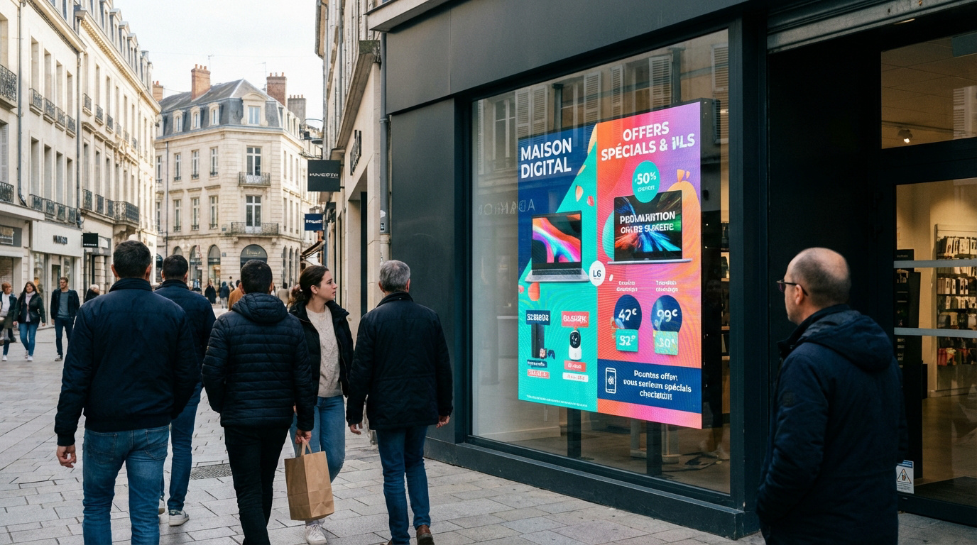 Un grand écran vitrine digital affiche des offres électroniques. Des passants, dont un homme qui regarde, marchent dans une rue commerçante.