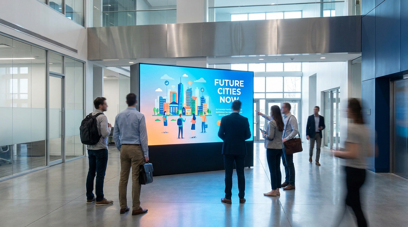 Un grand écran d'affichage dynamique "Future Cities Now" devant des personnes dans le hall vitré d'un bâtiment moderne.