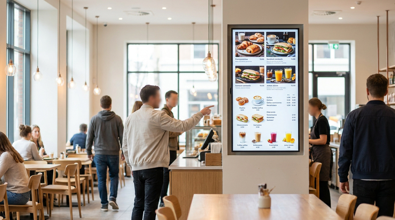 Intérieur d'un café moderne avec un client regardant un menu digital vertical. D'autres clients sont attablés ou à la caisse.