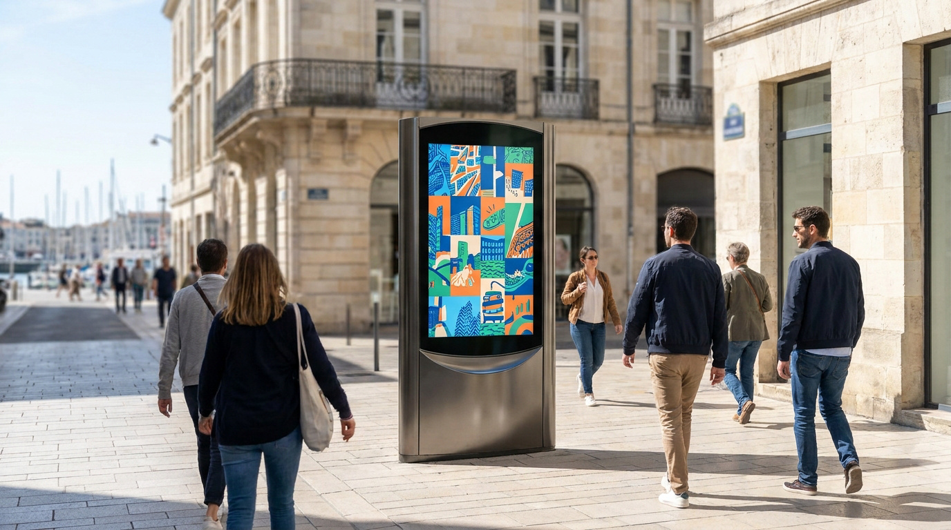 Un panneau publicitaire numérique sur pied dans une rue piétonne animée de La Rochelle avec des passants.