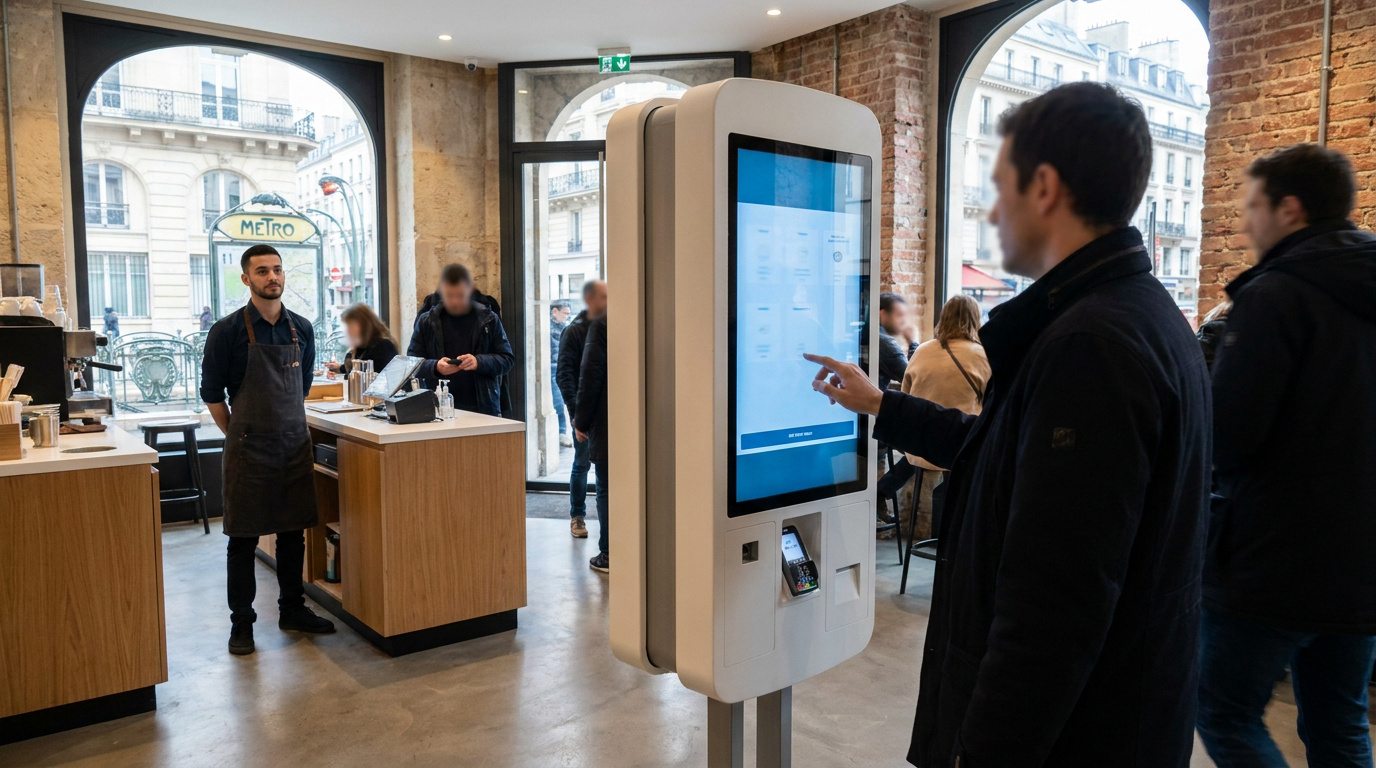 Un client utilise une borne de commande tactile dans un café moderne à l'ambiance urbaine.