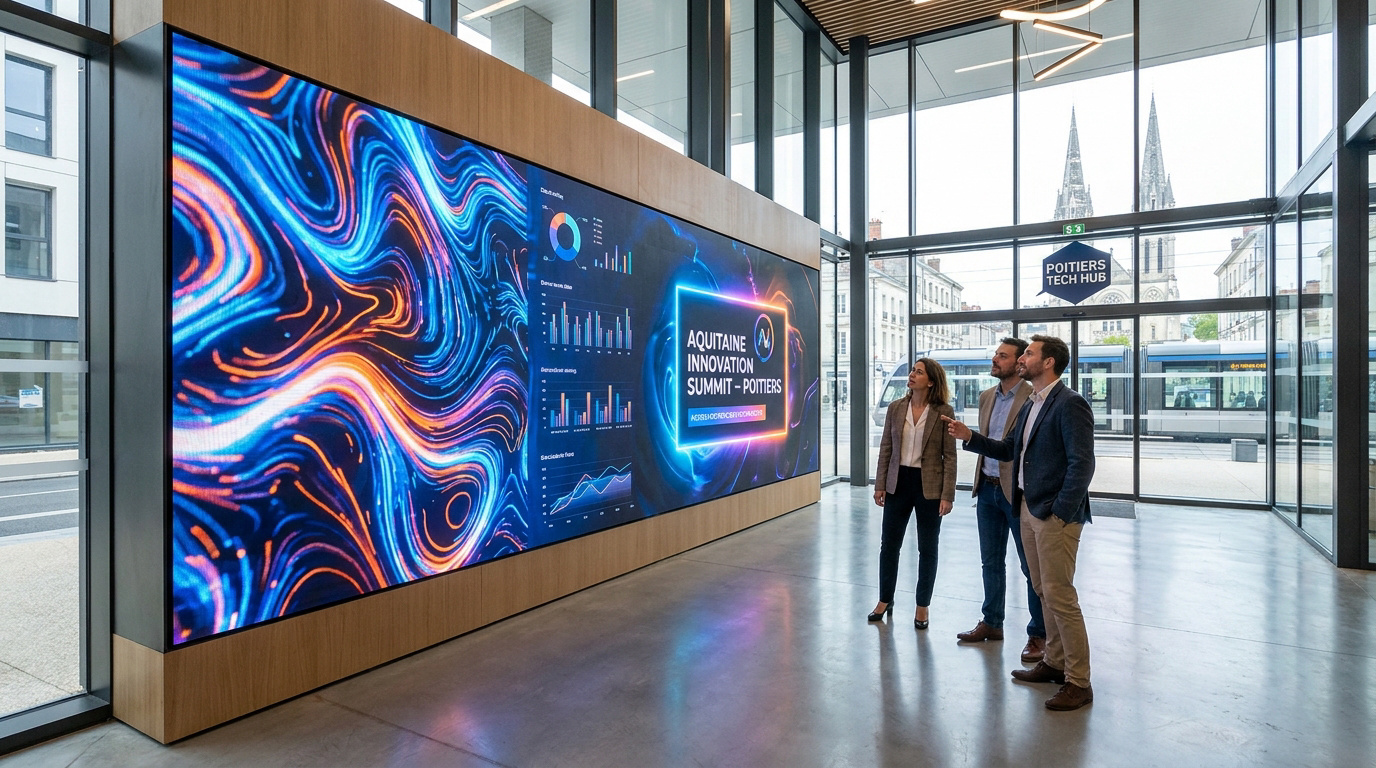 Grand mur LED interactif à Poitiers avec des visuels vifs et info sur un sommet, trois personnes l'observent.