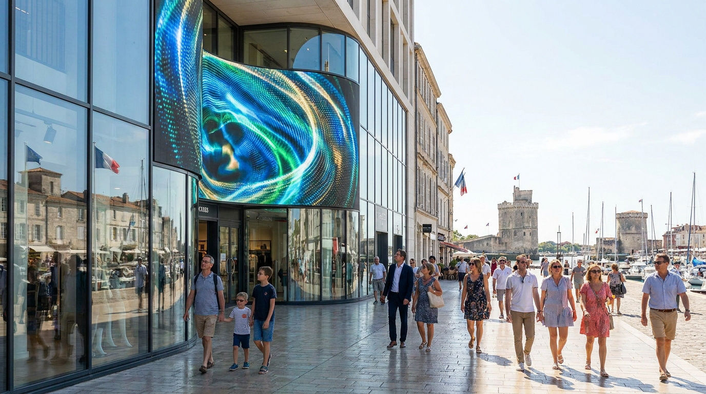 Écran LED géant sur la façade d'un bâtiment moderne face au port de La Rochelle, avec des piétons qui circulent.