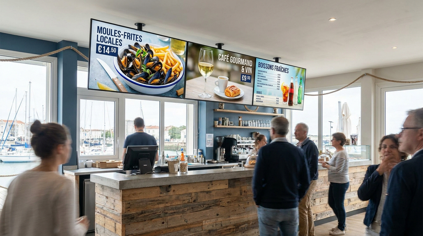 Menu boards digitaux suspendus au-dessus du comptoir dans un restaurant moderne avec vue sur le port de La Rochelle.