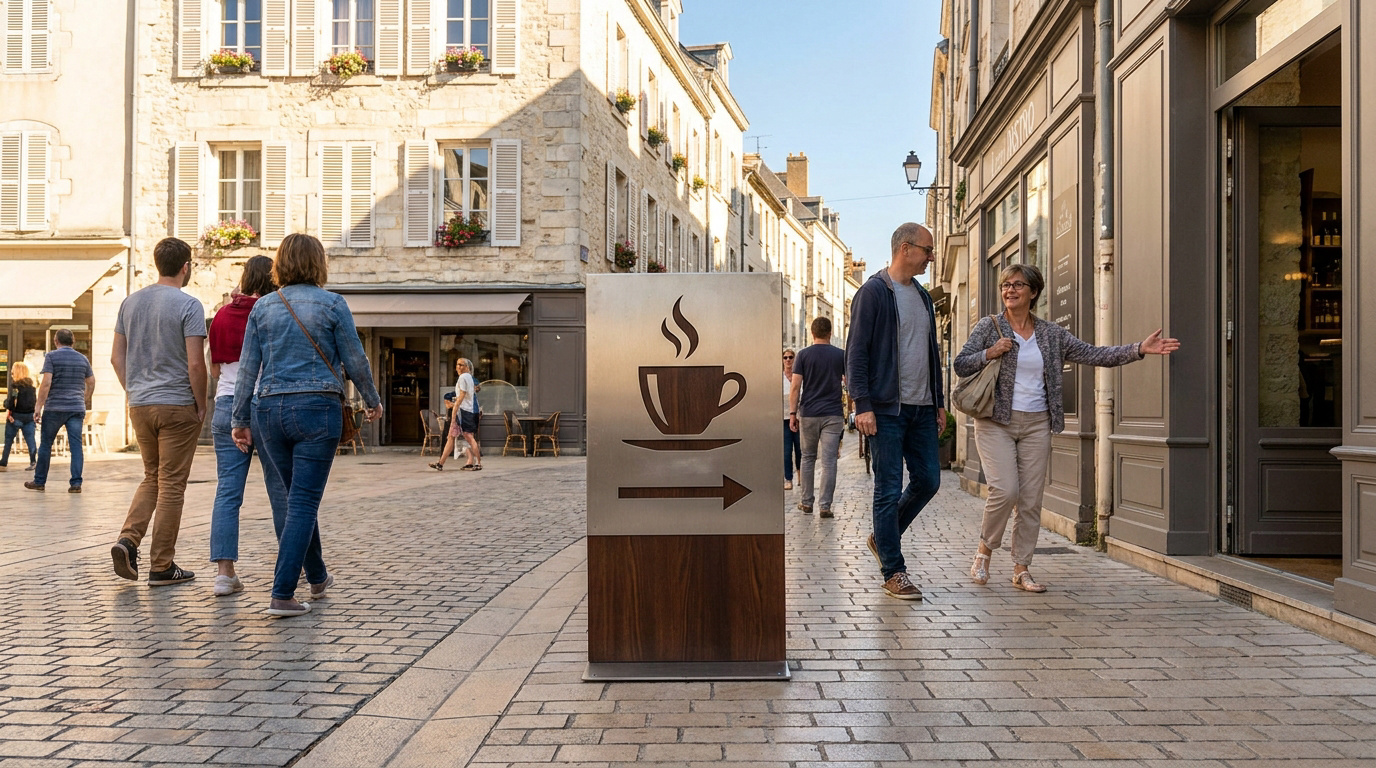 Stop trottoir moderne en métal avec logo tasse de café et flèche, sur une rue pavée animée de piétons et commerces.