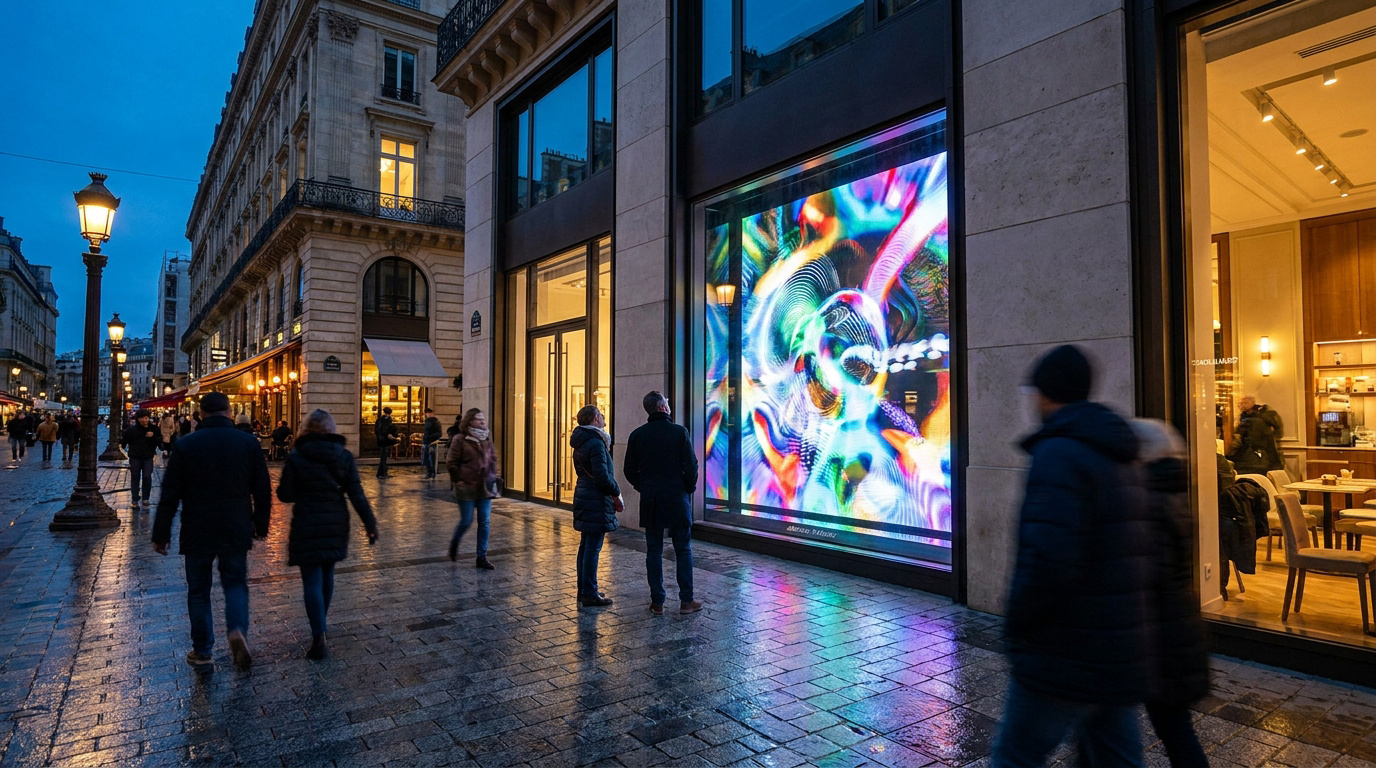 Passants admirant un écran LED géant dans une vitrine de magasin à La Rochelle à la tombée de la nuit.