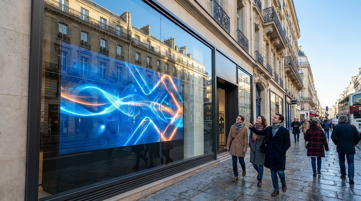 Grande vitrine avec écran numérique lumineux, affichant des motifs abstraits. Des passants en ville s'arrêtent pour l'observer.