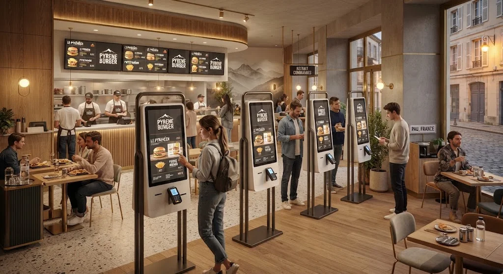 Borne de commande tactile moderne installée dans un restaurant à Pau permettant aux clients de passer commande en autonomie.