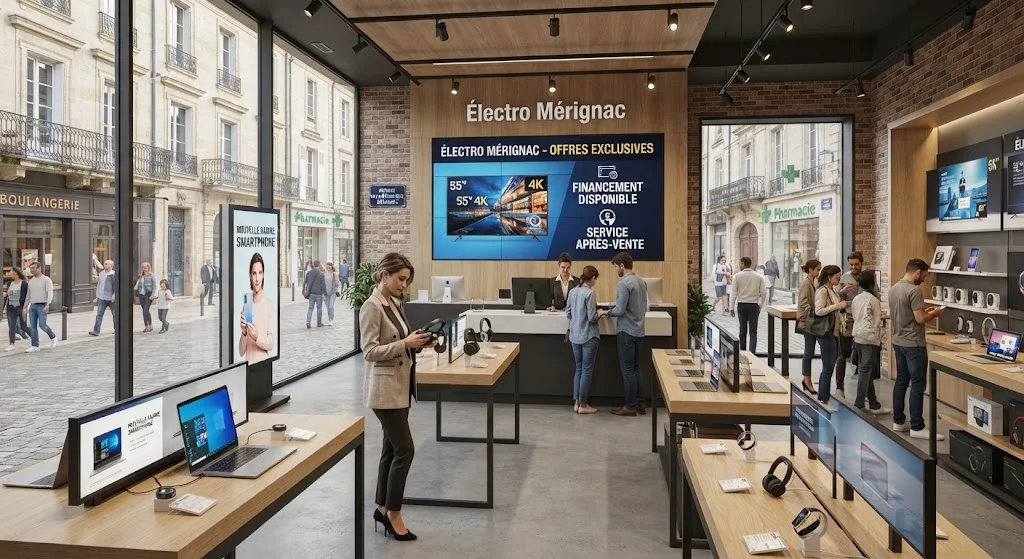Écran d’affichage dynamique installé dans un commerce moderne à Mérignac diffusant des contenus promotionnels.