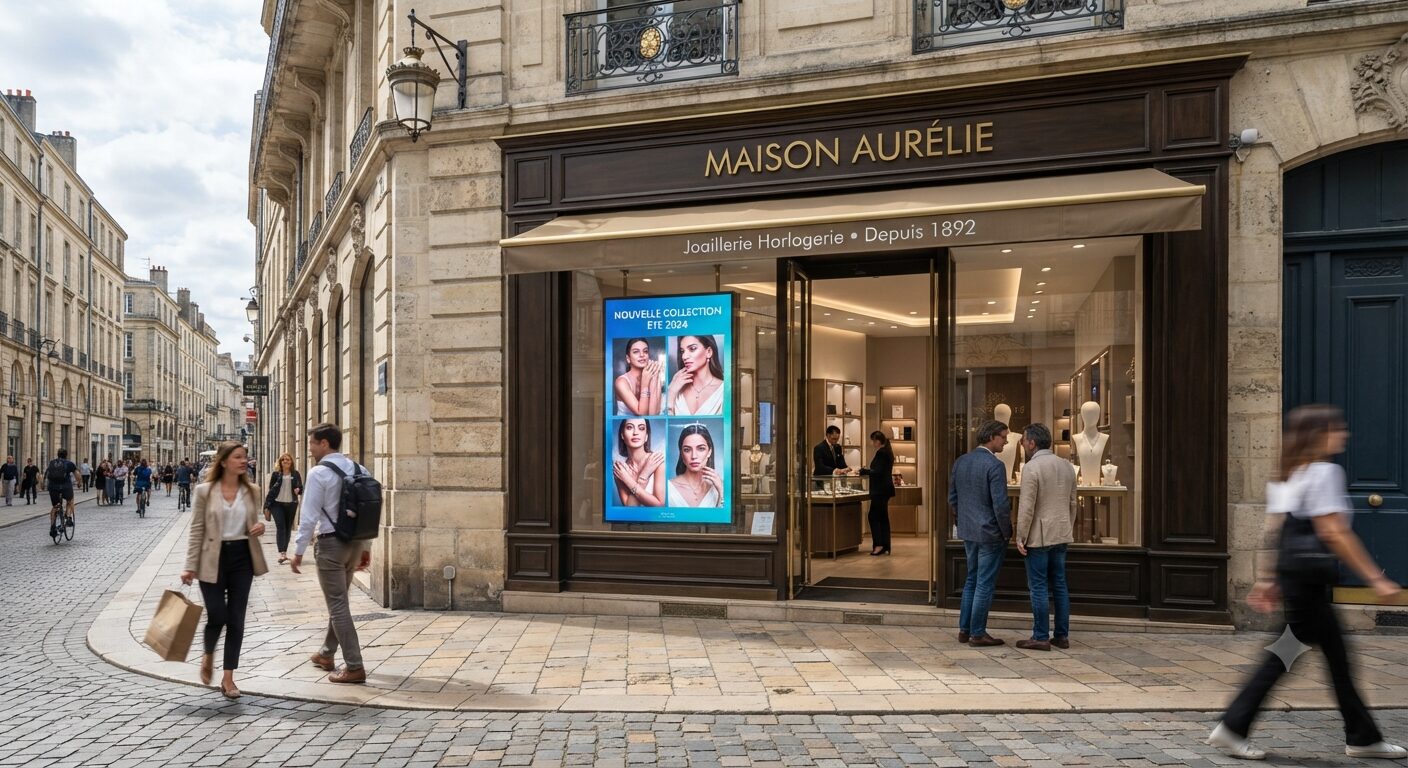 Écran vitrine haute luminosité installé dans une boutique à Bordeaux par HOYèS