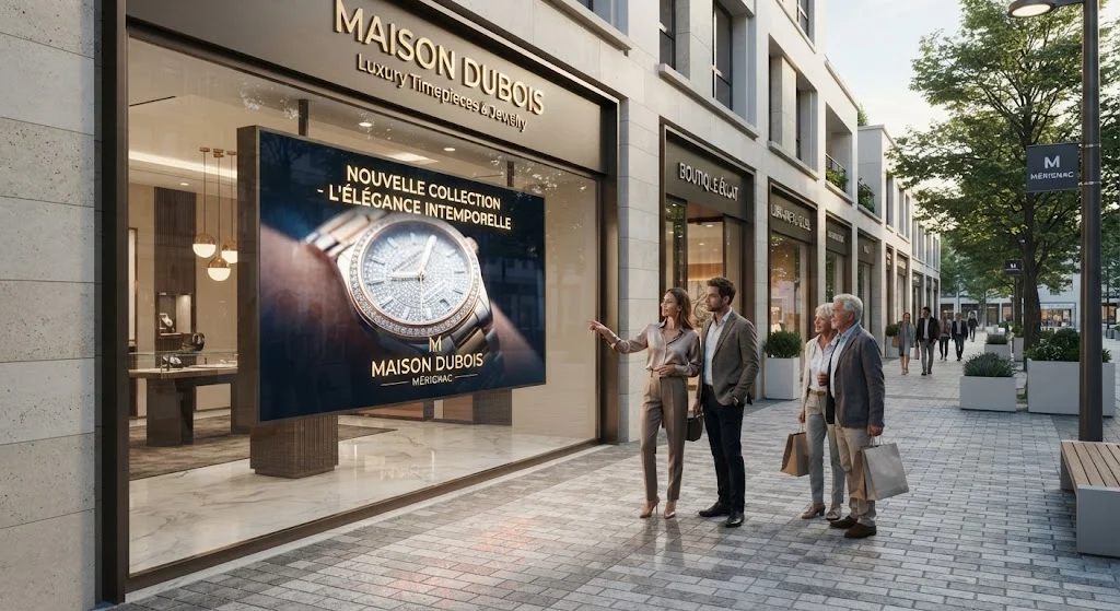 Écran vitrine haute luminosité installé dans une boutique à Mérignac affichant des promotions digitales.