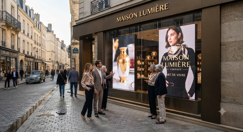 Écran vitrine professionnel installé dans une boutique à Limoges diffusant une publicité digitale.