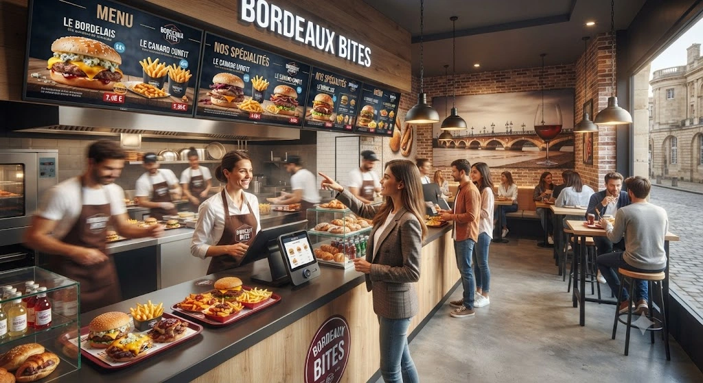 Menu Board numérique affichant les menus d'un restaurant moderne à Bordeaux.
