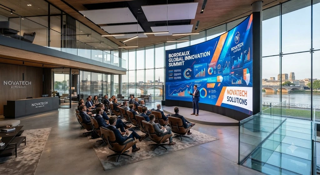 murs LED Bordeaux géant installé dans un showroom moderne à Bordeaux pour la diffusion de contenus marketing.