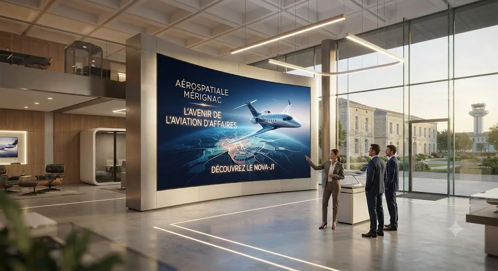 Mur LED géant installé dans un showroom moderne à Mérignac diffusant une campagne publicitaire numérique.