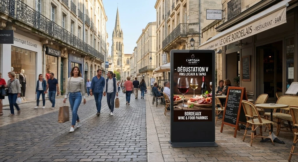 stop trottoirs Bordeaux numérique installé devant un commerce à Bordeaux diffusant des offres promotionnelles.