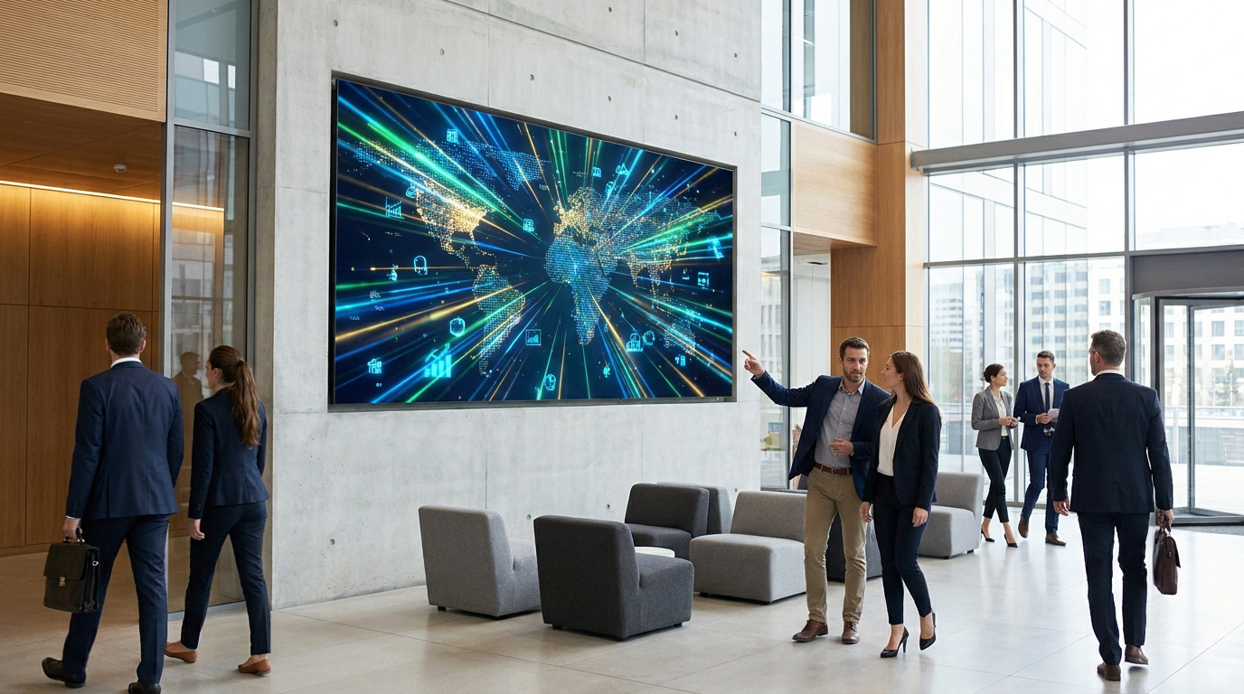 Écran géant mural affichant une carte du monde numérique dans un hall d'entreprise moderne avec des professionnels.