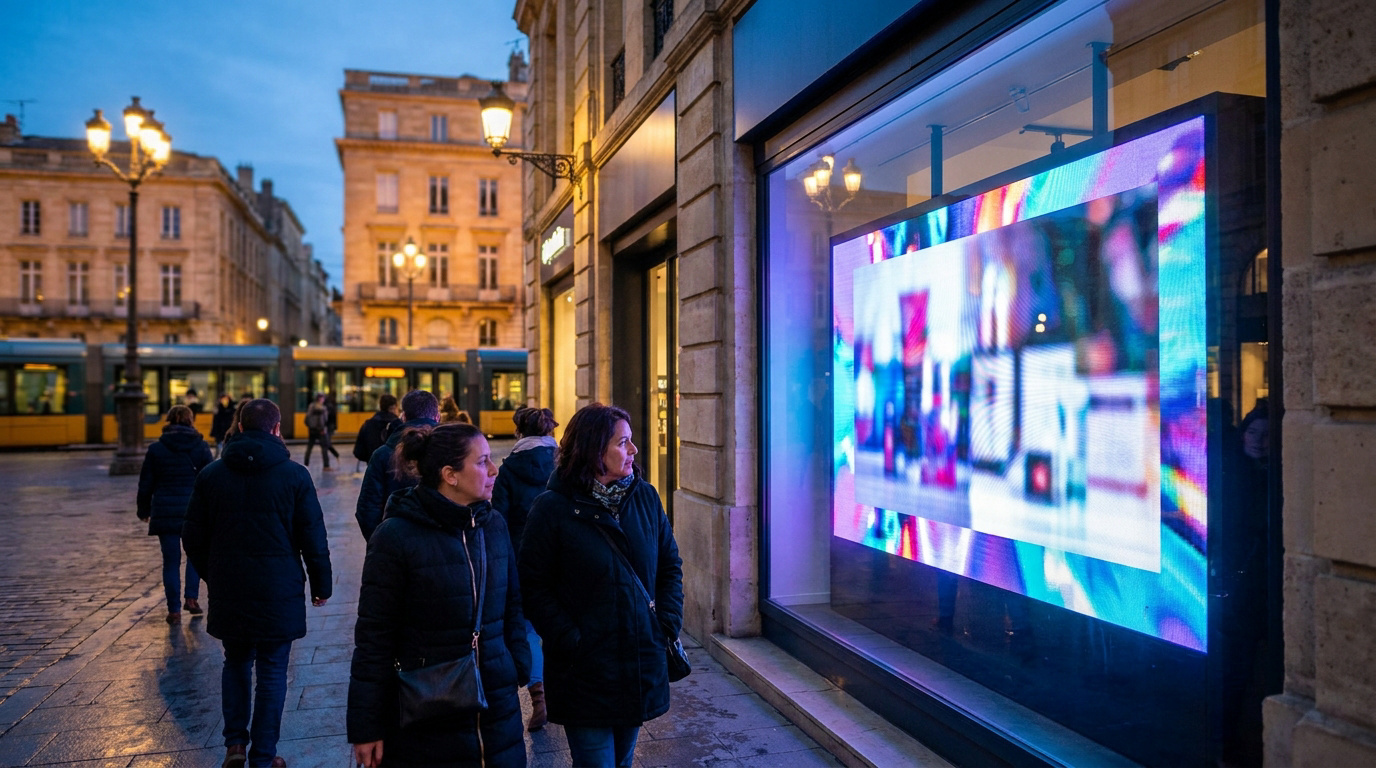 Des passants observent un écran LED lumineux dans une vitrine de magasin à Bordeaux au crépuscule.