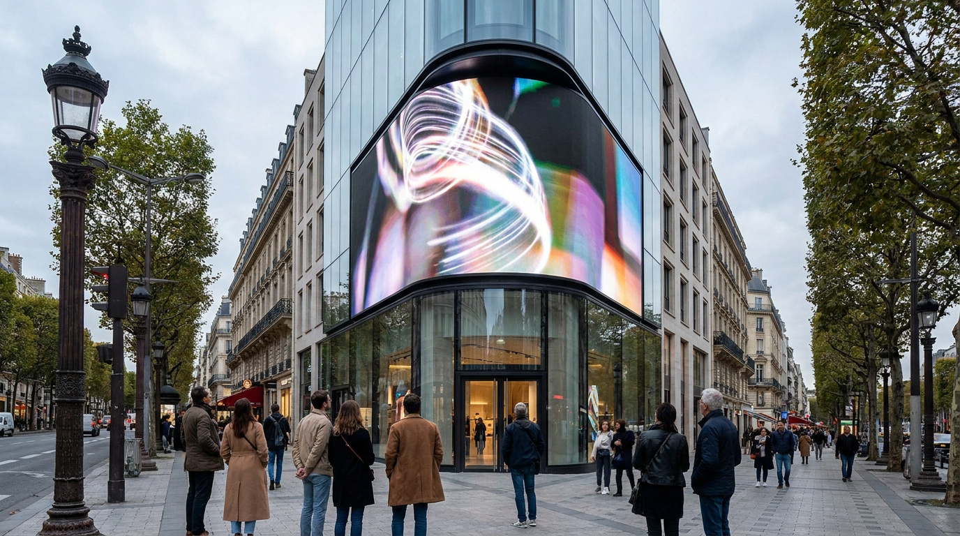 Un écran LED géant et incurvé sur la façade d'un immeuble moderne à Bordeaux, attirant l'attention des passants.