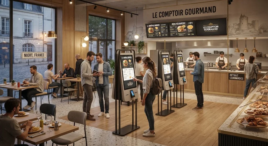 Borne de commande tactile moderne utilisée dans un restaurant à Niort permettant aux clients de commander en autonomie