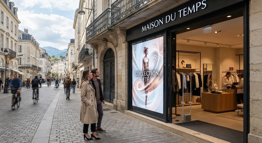 Écran vitrine haute luminosité installé dans un commerce à Pau